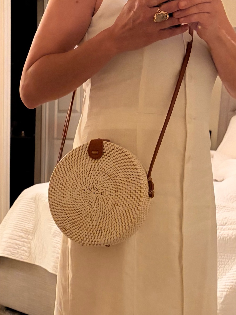 Bali 8” diameter Cream Woven Round Mini Bag with Brown leather Strap